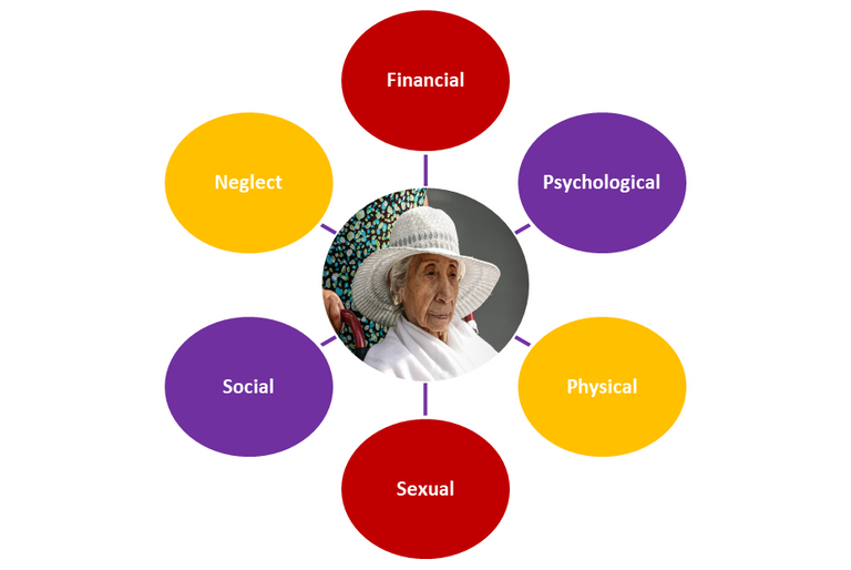 Image of woman dressed in white with white sitting in a wheelchair being pushed by a woman. The lady is impeccably dressed and groomed but looks despondent. Around the picture are 6 circles. In each circle is a type of elder abuse. These are financial, psychological, physical, sexual, social and neglect. Picture